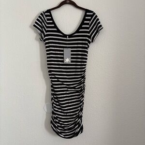 NWT Splendid Women's Size Small Black/White Striped Bodycon Ruched Dress